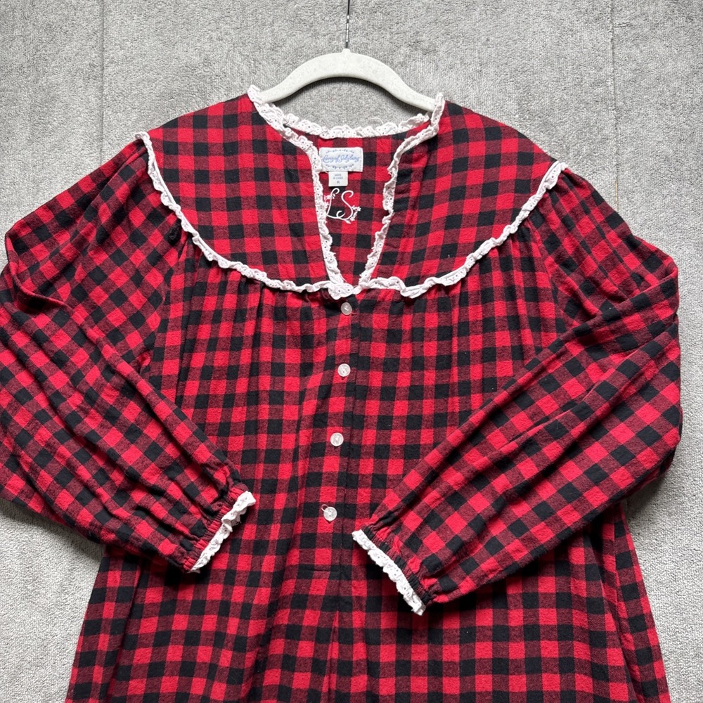 Lanz Of Salzburg Night Dress M Red‎ Black  Buffalo Plaid Long Flannel Cabin Camp